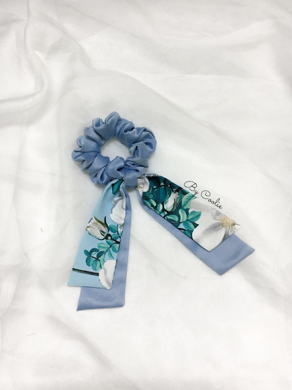 Dây cột tóc pelta scrunchies nơ dài xanh ngọc hoa