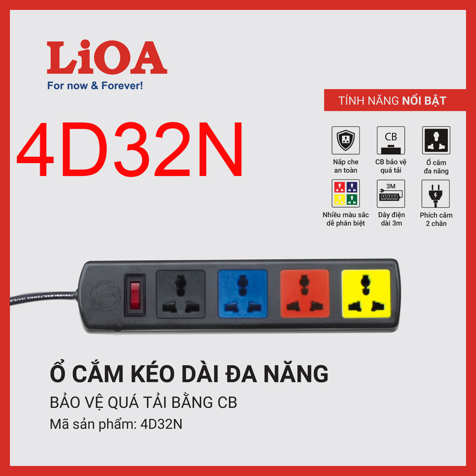 Ổ cắm lioa 4d32n - 4d52n 4 lỗ đa năng kéo dài 3m/5m 3 chấu 1 công tắc