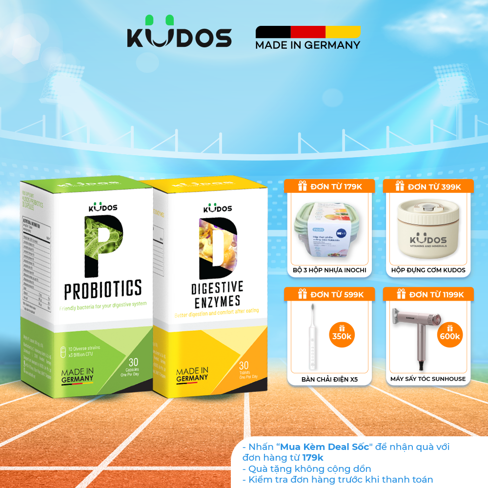 Combo thực phẩm bảo vệ sức khỏe - viên uống kudos probitics 30 viên + viên uống kudos digestive enzymes 30 viên