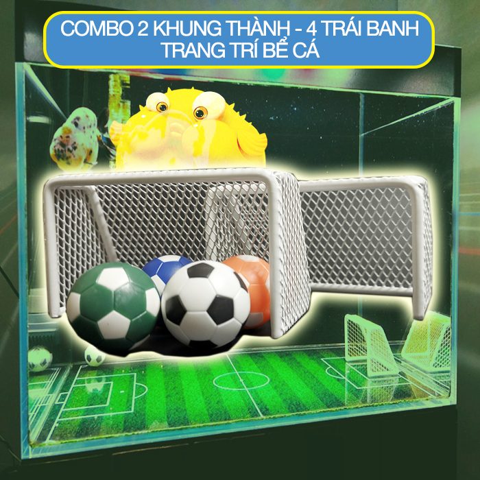 [Combo] 2 Khung thành 4 trái banh trang trí bể cá, mô hình tượng cầu thủ, case máy tính