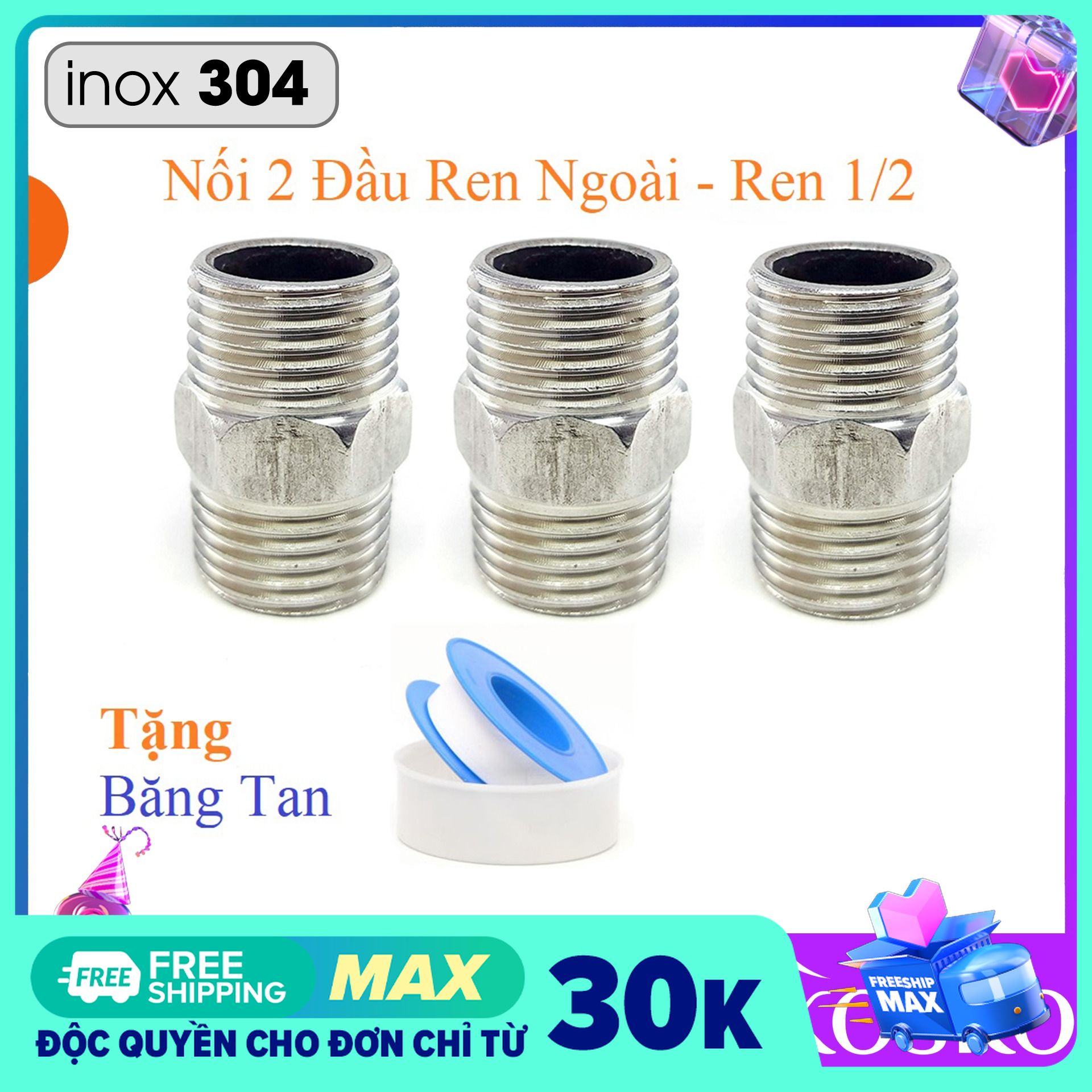 Combo 3 chiếc Nối 2 đầu ren ngoài inox ( Kép nối inox Ren 1/2 ) - Tặng kèm băng tan