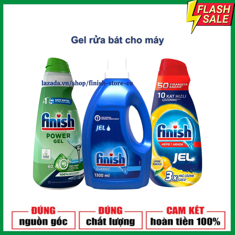 Gel rửa bát Finish hữu cơ ECo 0% All in 1 Max Classic  1500 1300 1000 900ml đủ loại bột muối bóng fi