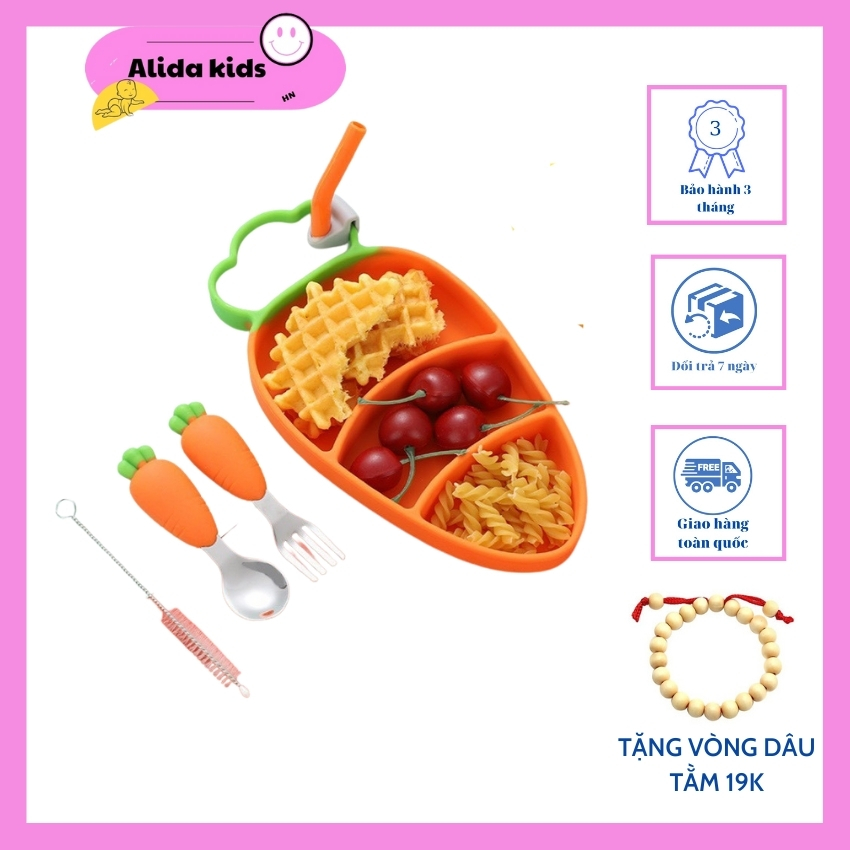 [FREESHIP+QUÀ TẶNG]Khay ăn dặm cho bé hình cà rốt silicon ALODAKIDS MN27  chống đổ-khay ăn dặm cho bé 4 chi tiết gồm khay 3 ngăn,thìa,dĩa,ống hút silicon