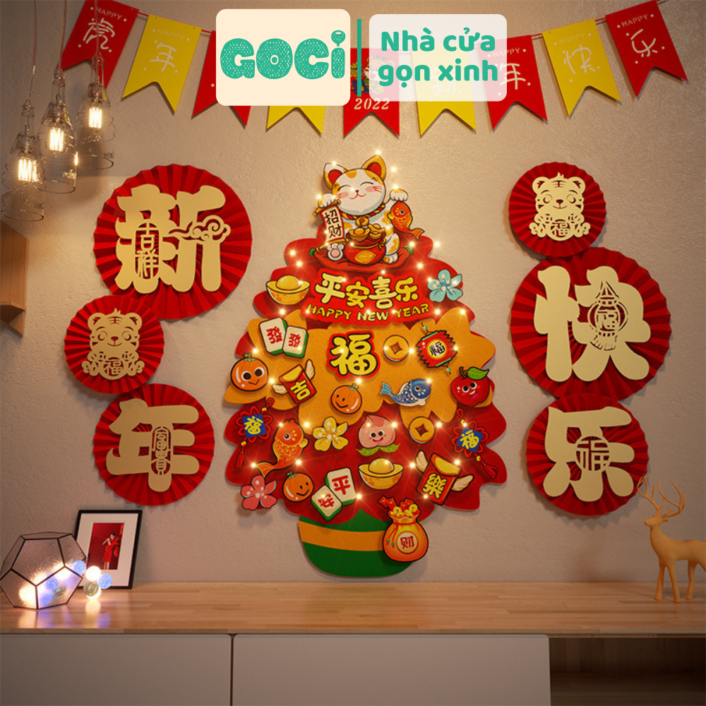Decor trang trí dán tường 25 chi tiết Mèo Thần Tài chiêu tài chiêu lộc mang lại may mắn Tết 2023