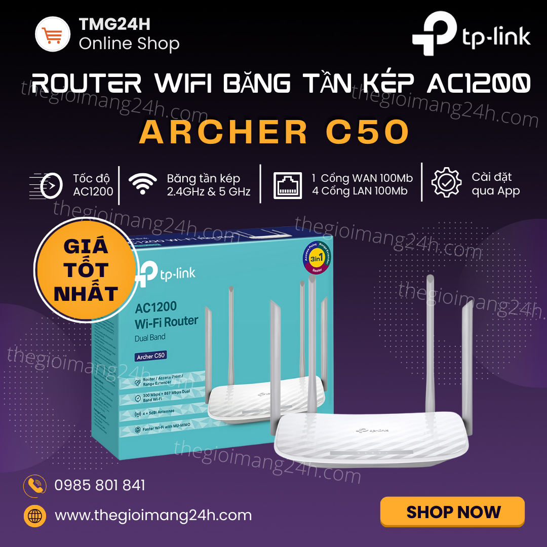 Router Wifi TP-Link Archer C50 Băng Tần Kép Chuẩn AC1200. Hàng Chính Hãng