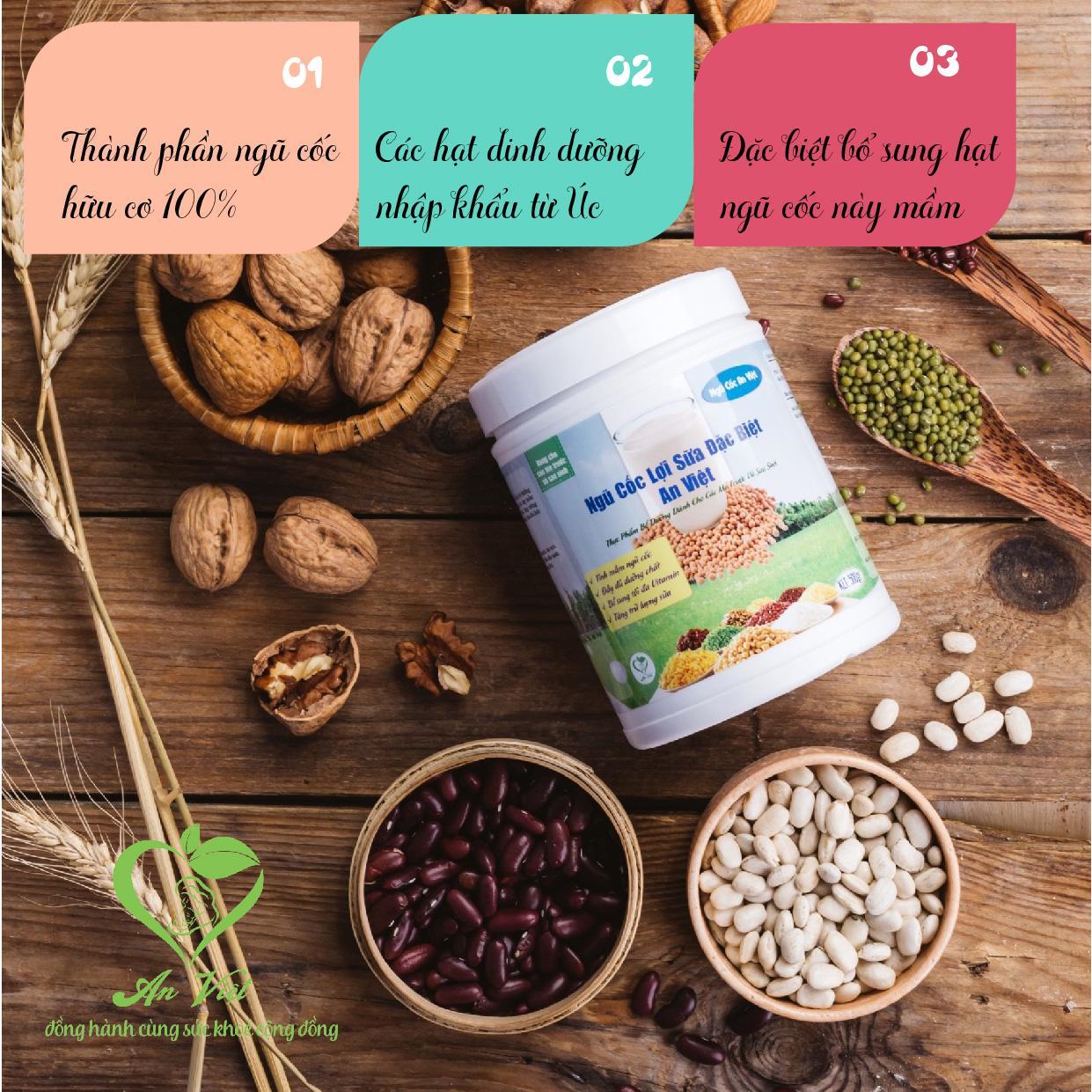 Ngũ cốc lợi sữa An Việt - Loại đặc biệt, chính hãng, uy tín. Ngũ cốc lợi sữa cao cấp, kích sữa nhanh, nhiều, bé phát triển tốt, được làm từ các hạt nảy mầm, hoàn toàn tự nhiên, không có chất bảo quản. Hộp 500g