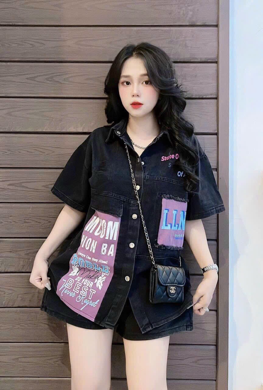 áo sơ mi jean tay ngắn form dài phối hình CHUỘT chất jean dày dặn siêu đẹp mẫu thời trang nữ cá tính m007711