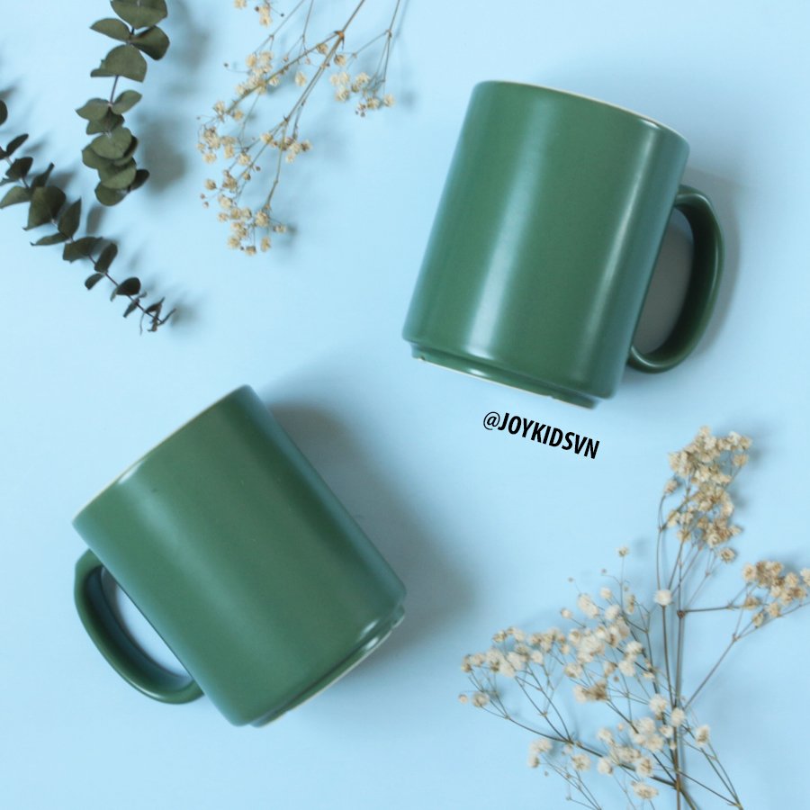 Ly / cốc gốm thủ công Việt Nam xanh lục lòng trắng có quai - Green ceramic mug