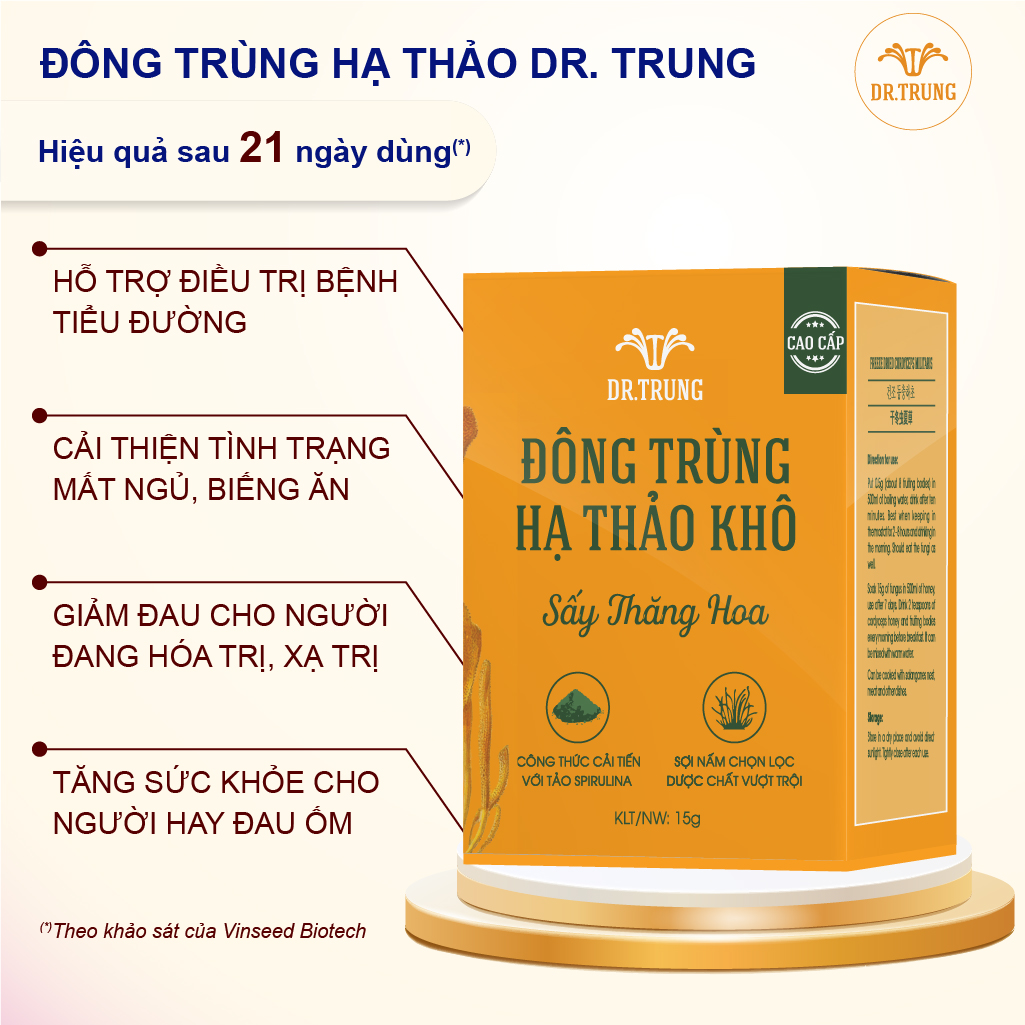 Dr. Trung - nấm dược liệu đông trùng hạ thảo loại Cao cấp 15g. Sấy thăng hoa, Không chất bảo quản, Nuôi trồng trên Protein thực vật, Sợi dài đẹp thích hợp làm quà. Hàm lượng Adenosine và Cordycepin cao, hiệu quả nhanh. Thương hiệu OCOP 4 sao của Đà Nẵng.