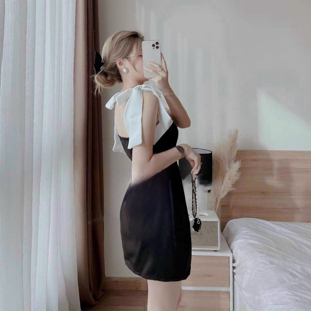 Đầm krissy dress hai dây cột nơ phối màu đen trắng quyến rũ