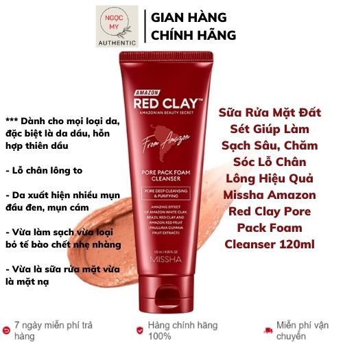 Sữa rửa mặt đất sét giúp làm sạch sâu, chăm sóc lỗ chân lông hiệu quả missha amazon red clay pore pack foam cleanser 120ml