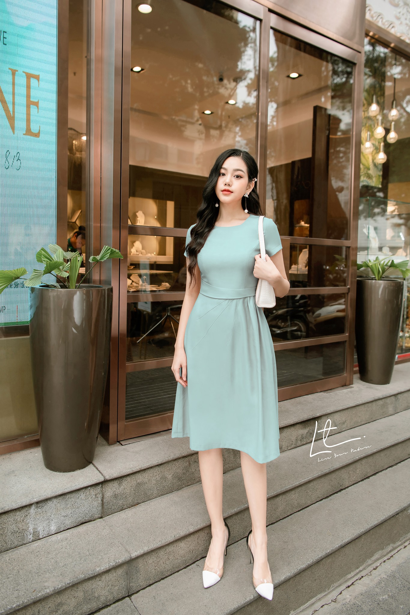 BELY  V761  Váy đầm 7 mảnh xòe silk lạnh thiết kế choàng vai  Xanh mint  Hồng pastel  Bely  Thời trang cao cấp Bely
