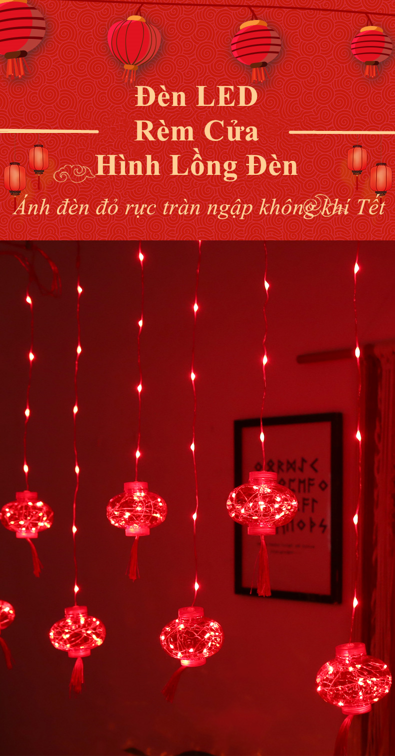 Đèn rèm thả hình lồng đèn, đèn rèm 10 lồng đèn đỏ, đèn led rèm cửa hình lồng đèn mẫu hot 2022