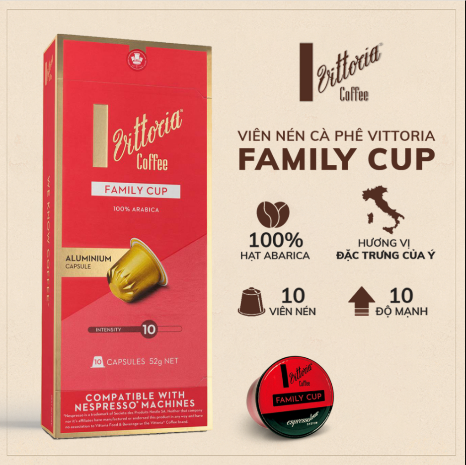 Vittoria Family Cup 100% Arabica coffee capsules for Nespresso machines