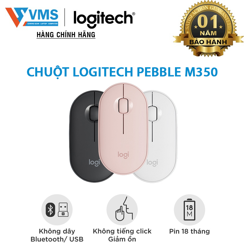Chuột không dây Logitech Pebble M350 - Bluetooth/ USB, nhỏ gọn, giảm ồn, MacOS / PC