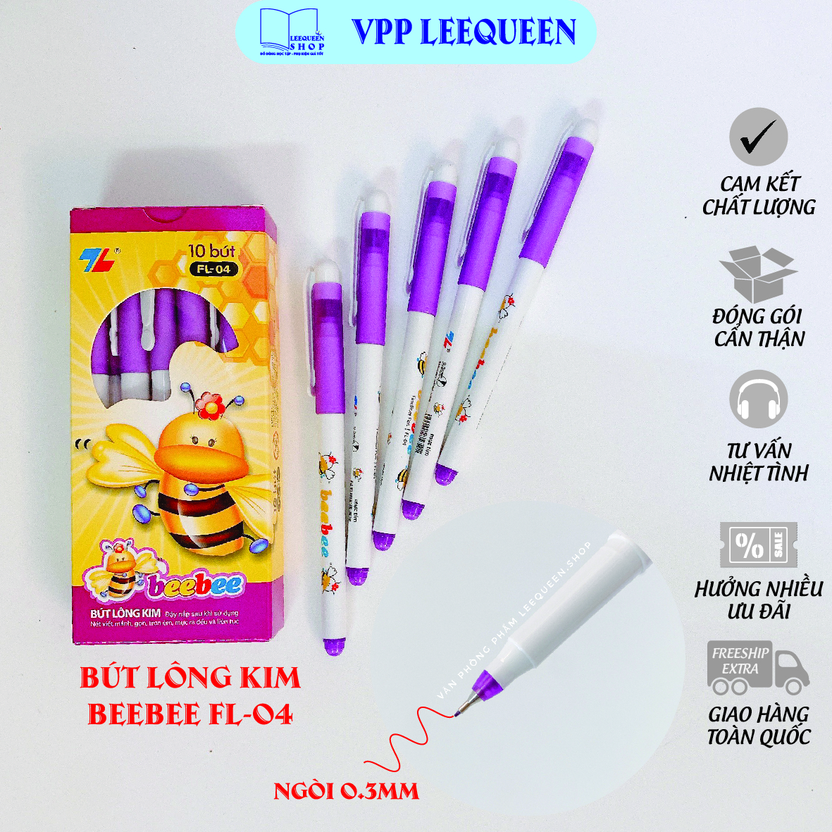 Hộp 10 cây bút lông kim bee bee fl-04 mực tím nét nhỏ 0.3mm