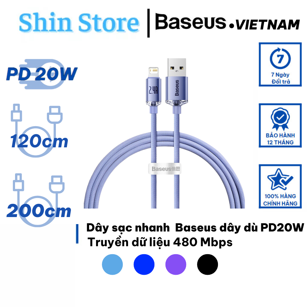 Cáp sạc nhanh siêu bền 2.4a baseus crystal shine series fast charning data cable usb to ip – shin store