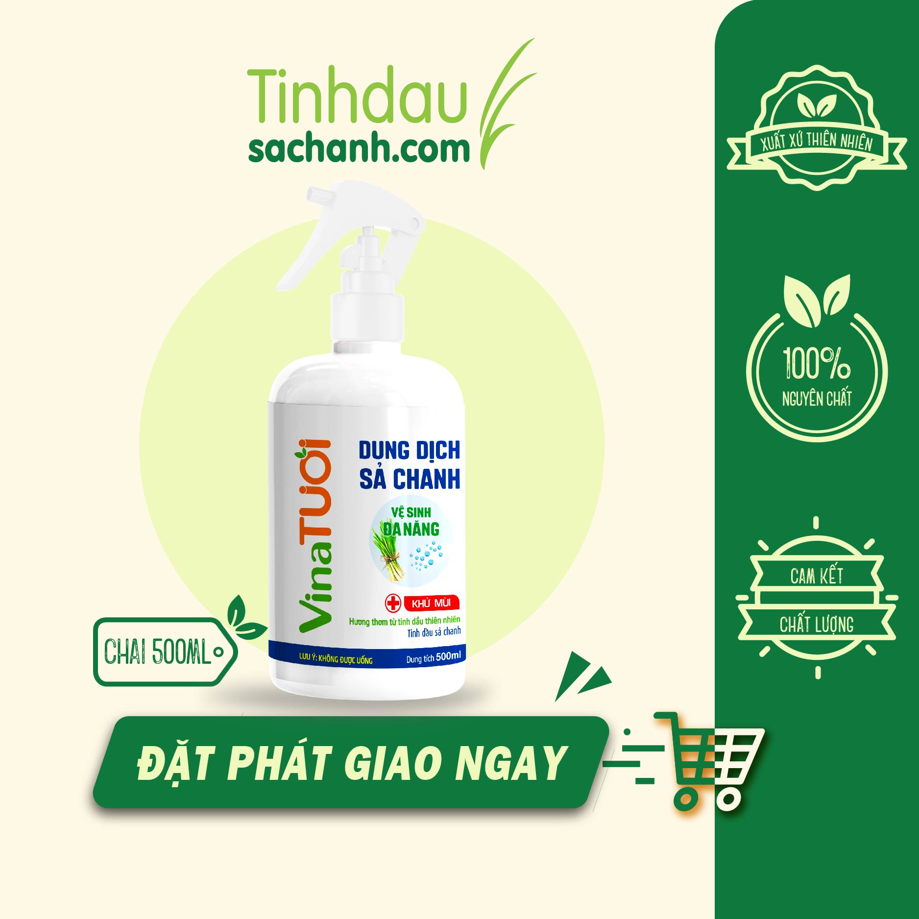 Dung dịch xịt vệ sinh đa năng Sả Chanh 500ml Tinhdausachanh.com chai xịt khuẩn thơm tay lau bề mặt kính