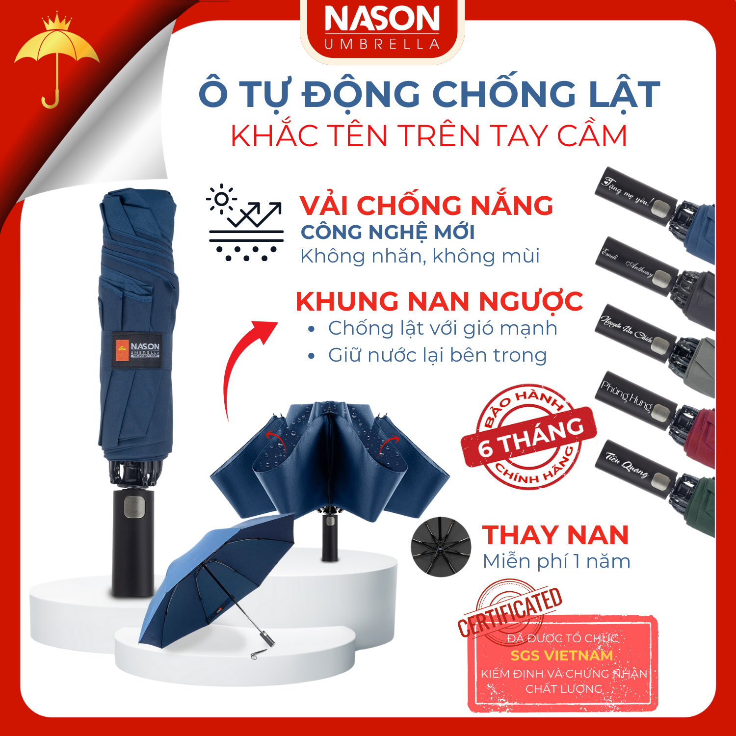 Ô dù đi mưa tự động 2 chiều cao cấp, Ô gập gấp gọn che nắng NASON UMBRELLA, tối ưu hóa khả năng giữ nước