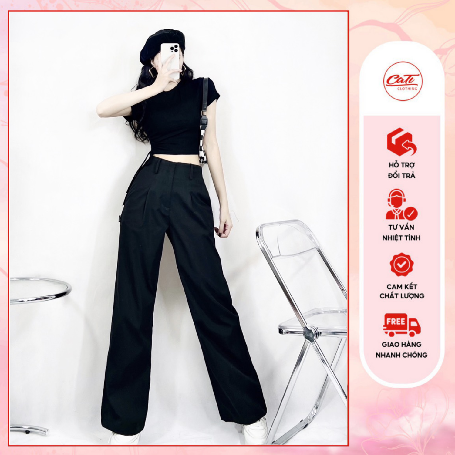 CATI Set : Áo thun crotop dây rút + quần culottes kaki 3 màu