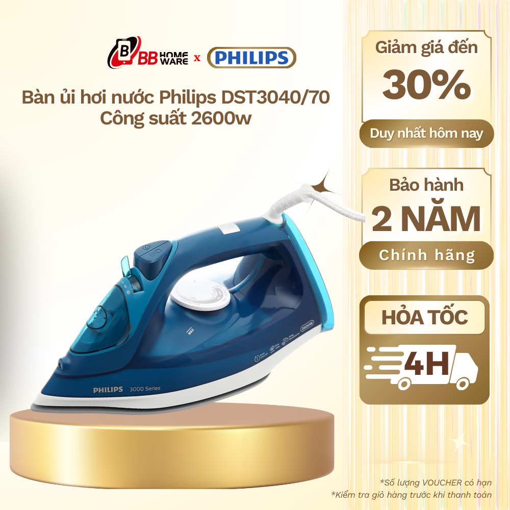 Bàn ủi hơi nước Philips DST3040/70 Xanh dương - Công suất 2600w | Ủi phẳng mọi chất liệu vải - Chính hãng | Bảo hành 2 năm