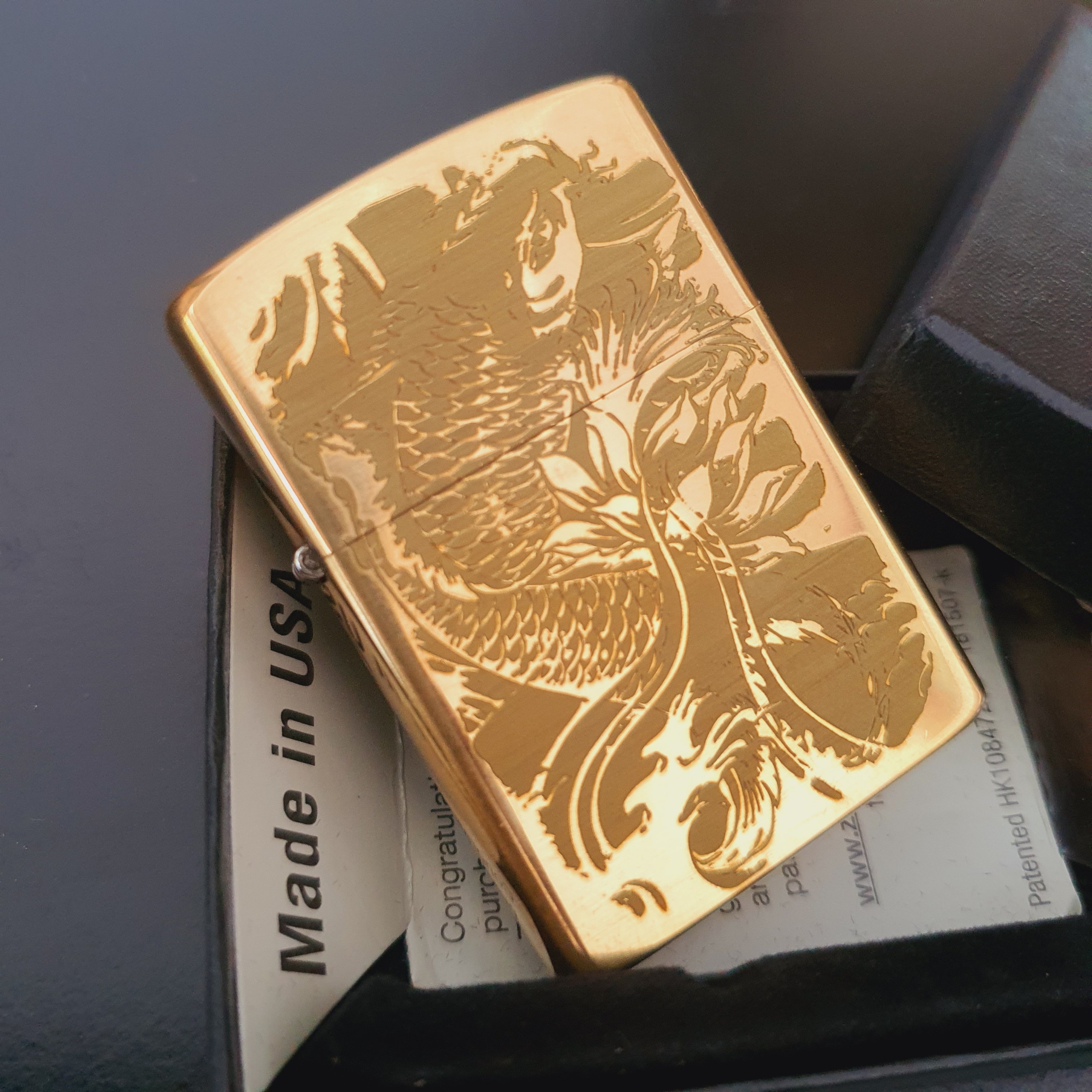 Bật lửa zippo đồng nguyên khối mẫu cá chép hóa rồng