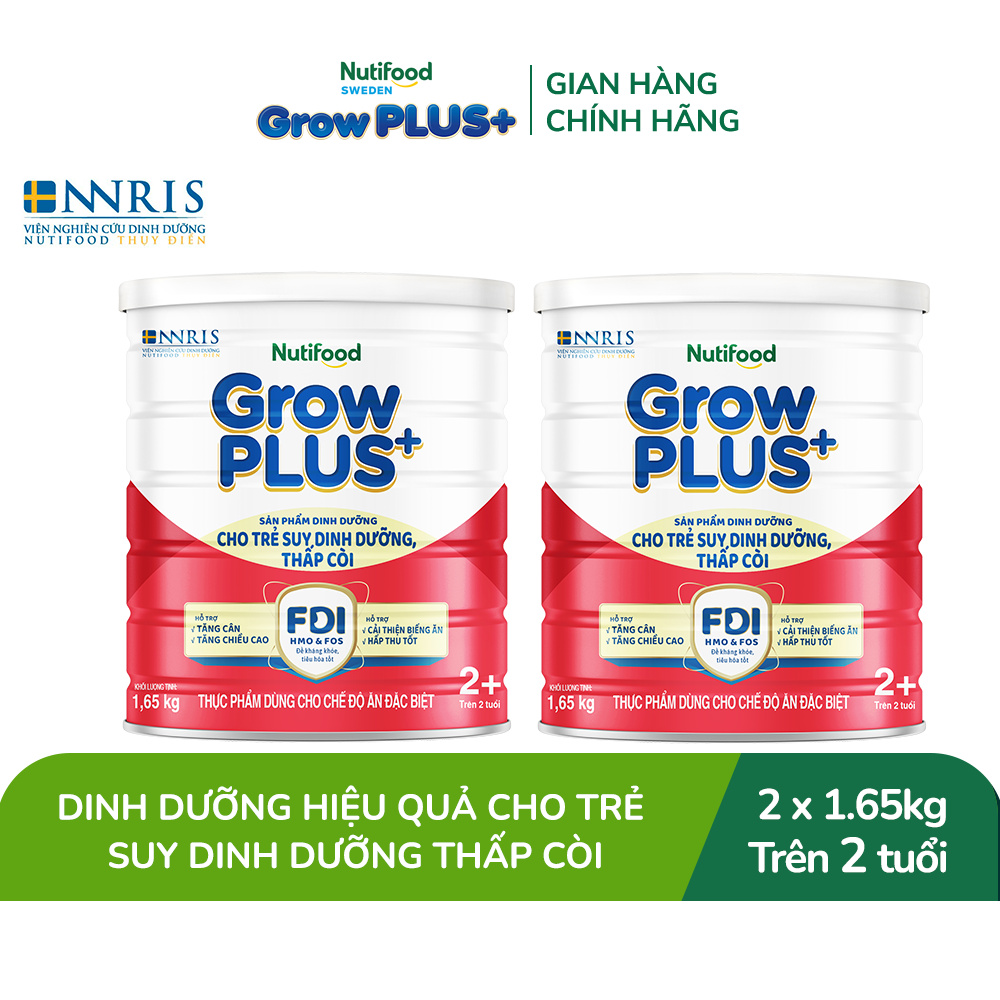 Combo 2 Sữa bột Nutifood GrowPLUS+ Suy Dinh Dưỡng (Đỏ) 2+ - Hỗ Trợ Tăng Cân, Tăng Chiều Cao (2 Lon 1,65 Kg)