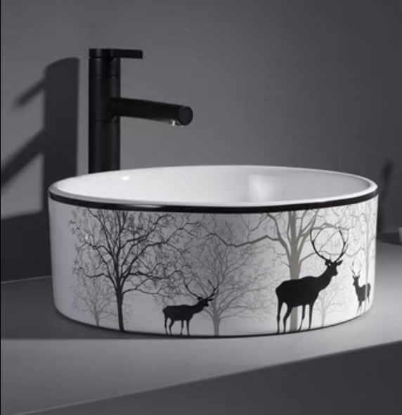 Lavabo để bàn/chậu rửa mặt để bàn họa tiết nai sừng màu trắng hình tròn