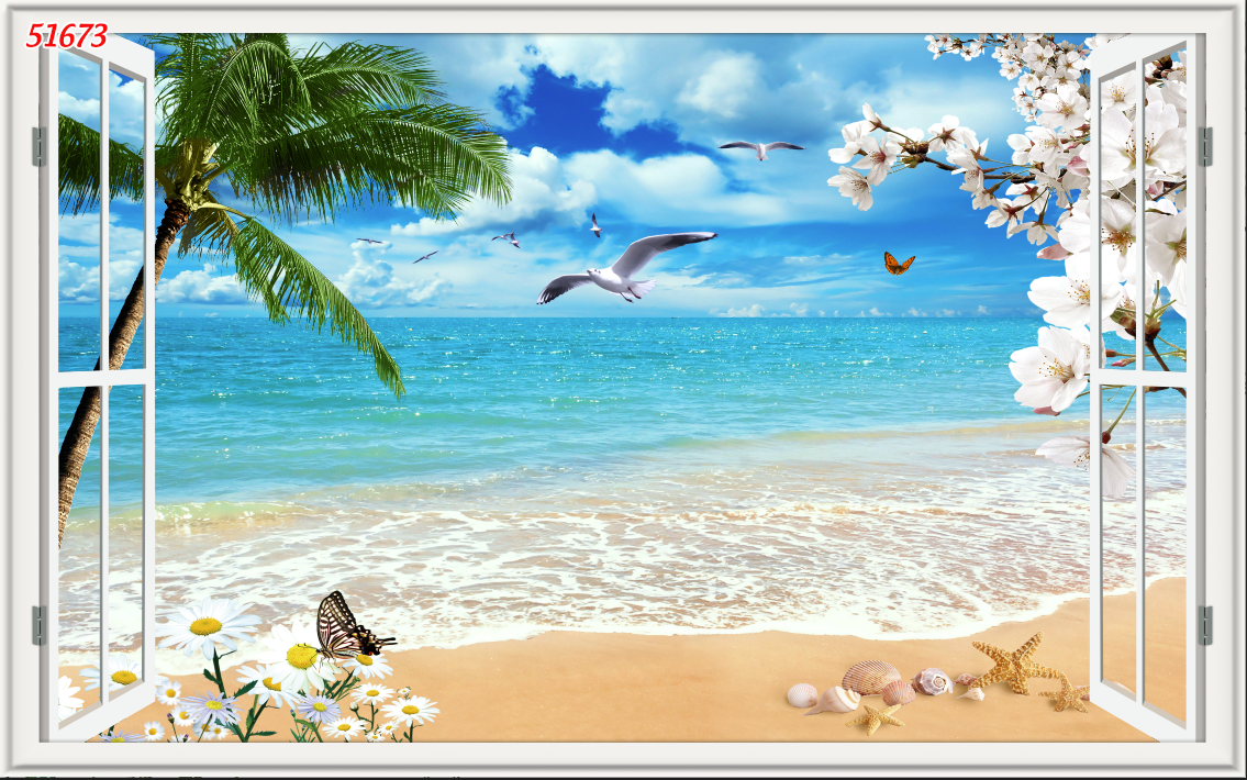 Tranh dán tường 3D  cán Kim sa, Cửa sổ biển( đã tích hợp sẵn keo)- KT lớn INBOX shop