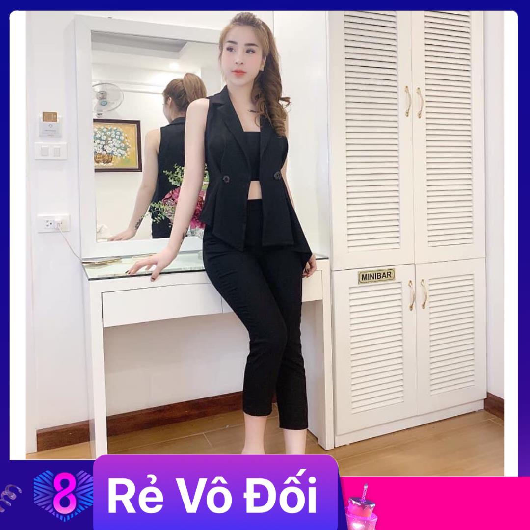 Sét vest 3 món quần dài chất kaki thái freesize 2 màu kem, đen