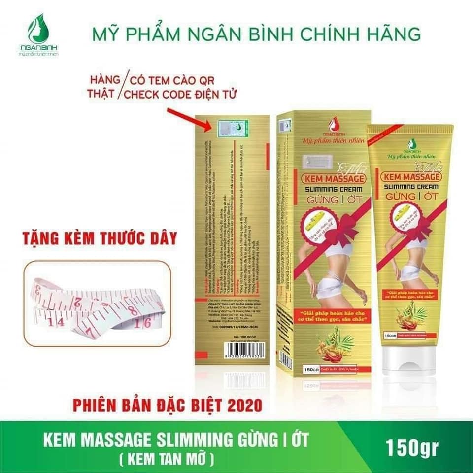 Kem tan mỡ ngân bình mãu mới 2021 - kem tan mỡ massage gừng ớt ngân bình 150gr - tặng thước đo