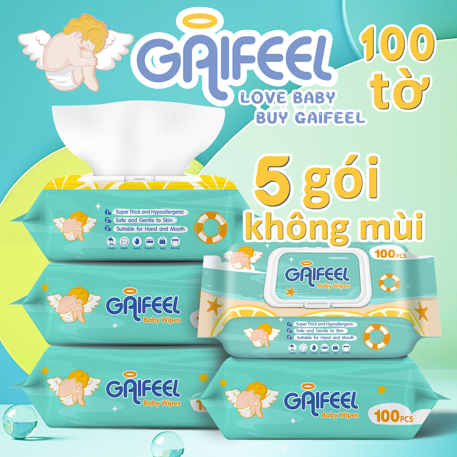 GAIFEEL Khăn ướt khăn giấy ướt Khăn lau trẻ em 100 chiếc Khăn lau trẻ em không mùi X 5 gói