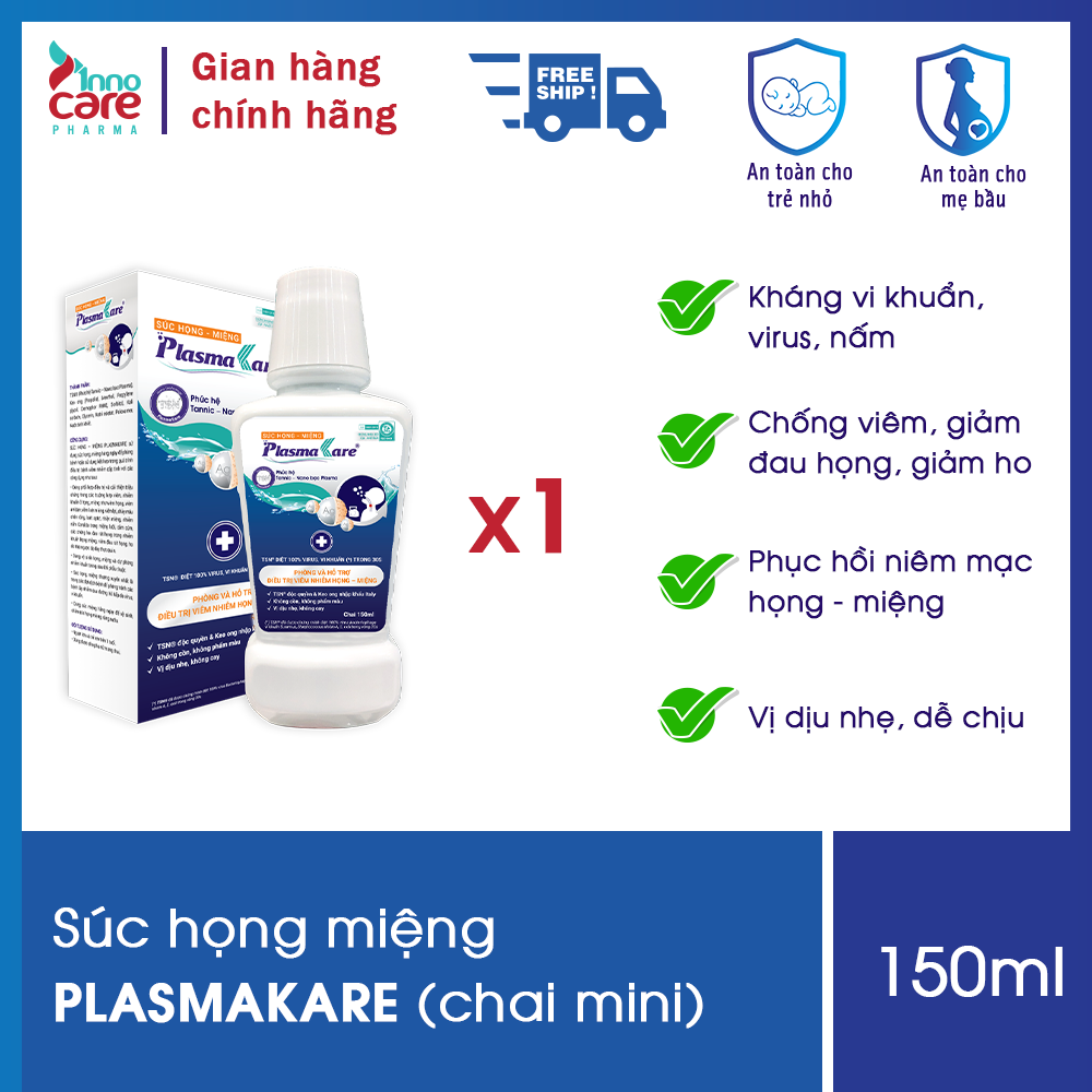 Nước súc miệng, nước súc họng, súc họng miệng Nano Bạc PlasmaKare chai mini 150ml: Dịu họng, Giảm ho, Sạch đờm