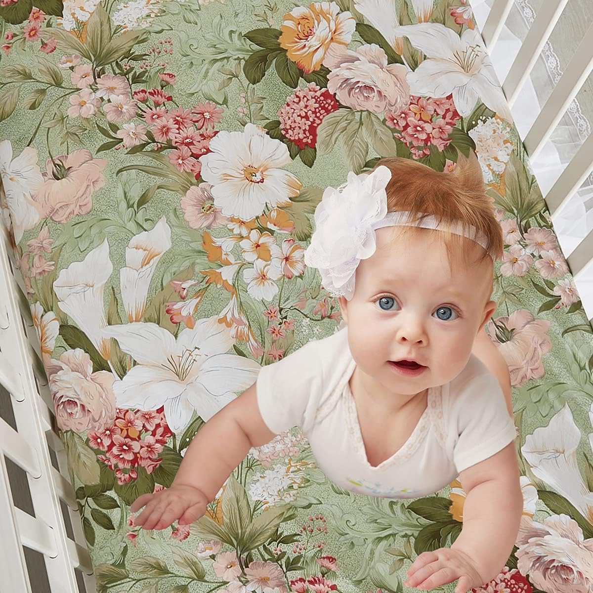 Brandream Luxury Softer Thicker Crib Sheets Set, 100% Organic Cotton Lilium Rose Floral Printed Toddler Sheets for Baby Girls, Breathable Comfy Durable, 28
