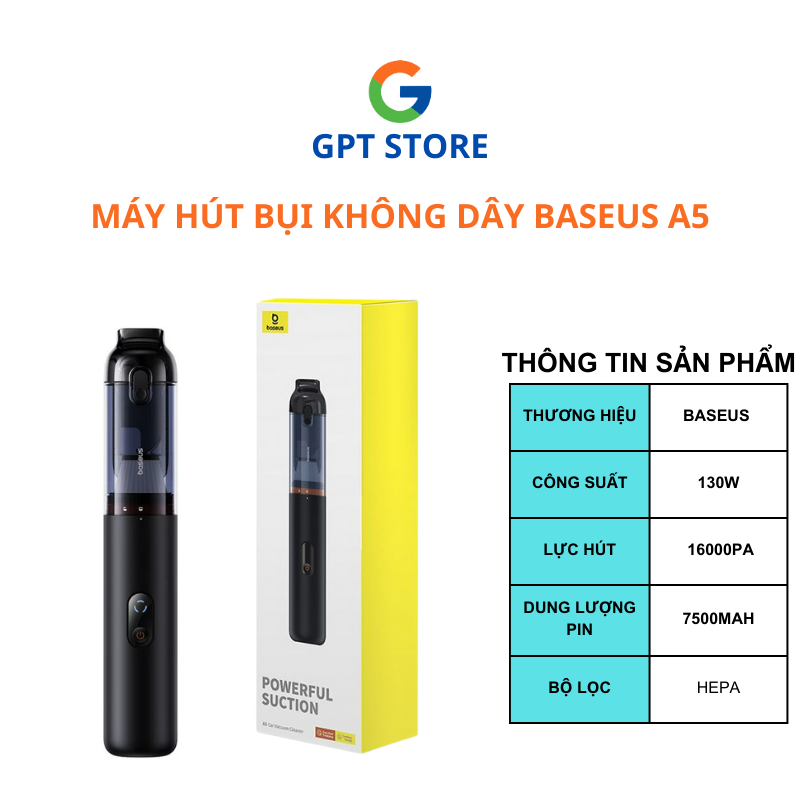 Máy Hút Bụi Không Dây Baseus A5 - Công Suất Mạnh Mẽ - Thiết Kế Không Dây Nhỏ Gọn - Bảo Hành 12 Tháng