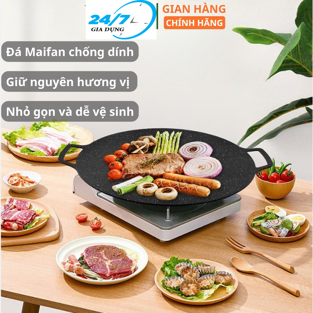Chảo đá nướng hàn quốc, chảo đá nướng thịt, chảo nướng chống dính đáy từ, chảo nướng từ, chảo đá nướng, chảo gang nướng thịt - vỉ nướng bbq không cần dầu size 33cm, mặt đá chống dính cao cấp - giadungbv247