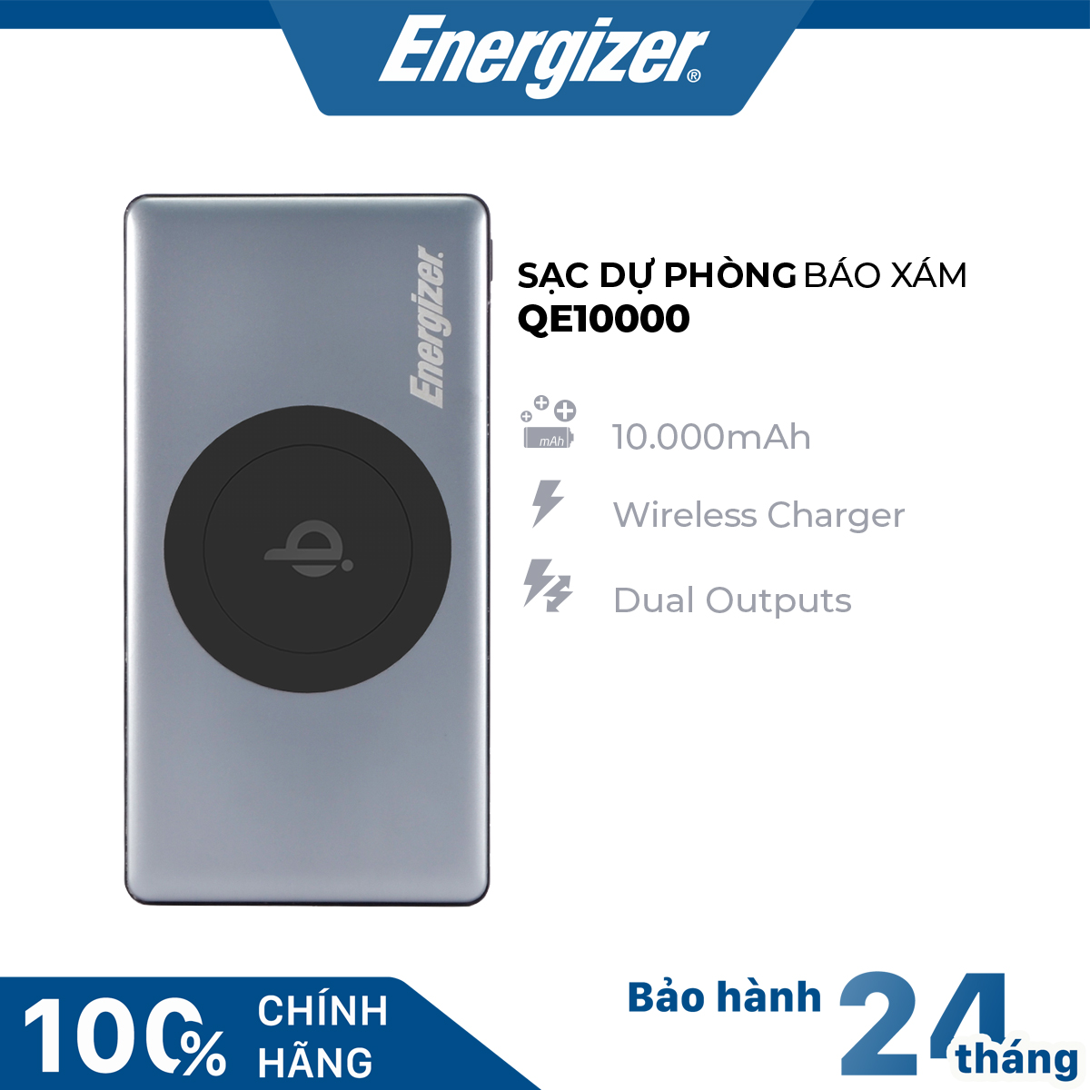 Sạc dự phòng ENERGIZER 10000mAh QE10000 - hỗ trợ sạc nhanh tích hợp sạc không dây chuẩn Qi 5W - Hàng chính hãng