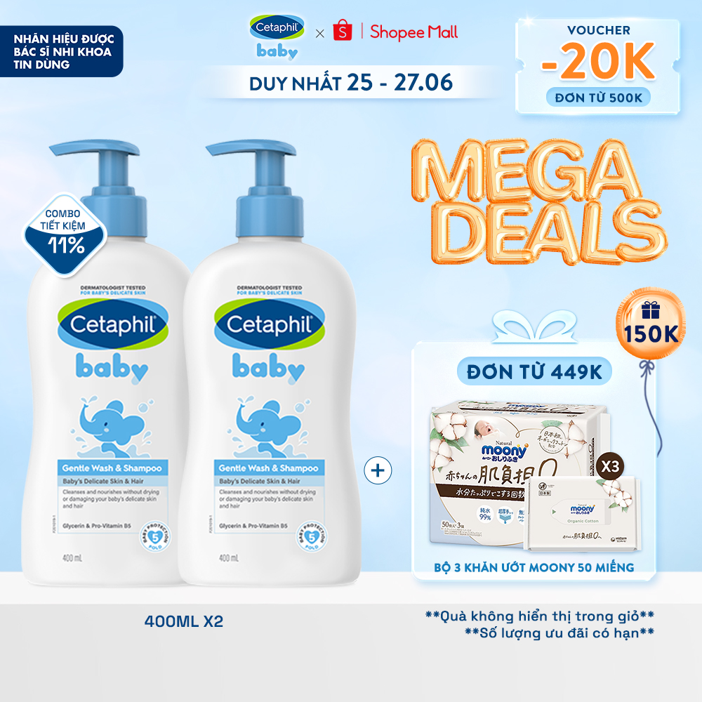 [25.6 TRỢ GIÁ SỐC + VOUCHER ĐẾN 18%] Combo 2 Sữa tắm gội dịu lành cho bé Cetaphil Baby Gentle Wash & Shampoo 400ml/chai