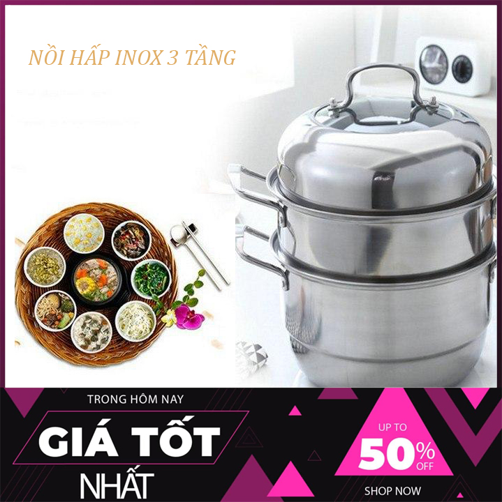 [HÀNG CHUẨN, UY TÍN 1 ĐỔI 1] Nồi hấp 3 tầng đường kính 28cm dùng trên mọi loại bếp, Nồi Inox đa năng 3 Tầng/Nồi lẩu đa năng 3 tầng - sz 28cm
