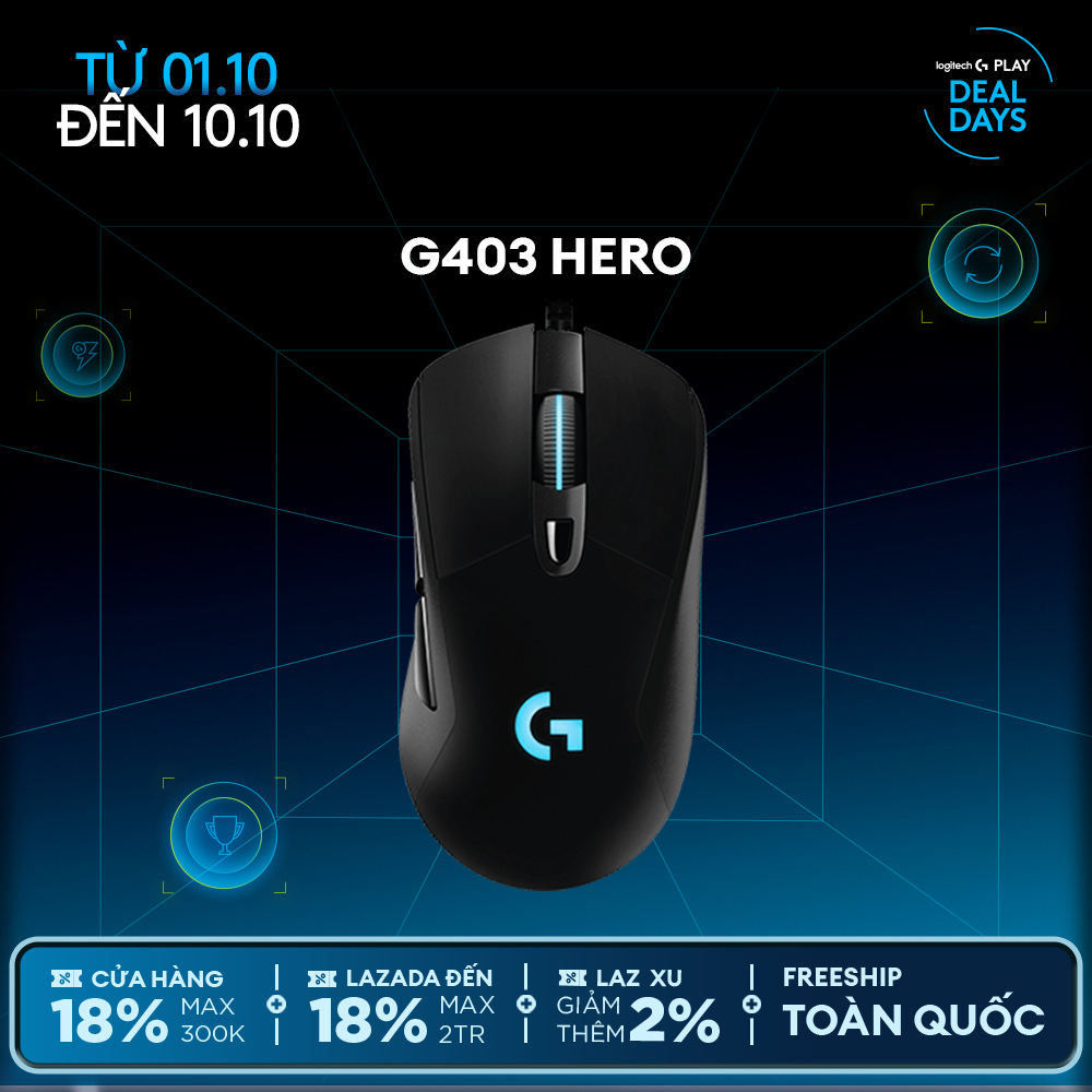 Chuột game có dây rgb logitech g403 hero - cảm biến 25k, công thái học, nhẹ 87g, 6 nút lập trình