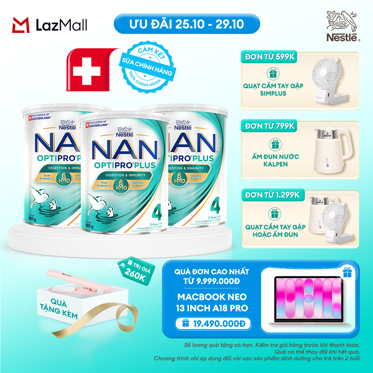 [CHỈ 25-29.10 QT ĐƠN 599K/799K/1299K] [Tặng Máy Uốn Duỗi] Combo 3 lon Sữa bột Nestle NAN OPTIPRO PLUS số 4 800g Công Thức Thụy Sĩ Cho Bé 2 - 6 Tuổi Có Đạm OPTIPRO, 6HMO  Lợi Khuẩn Kép