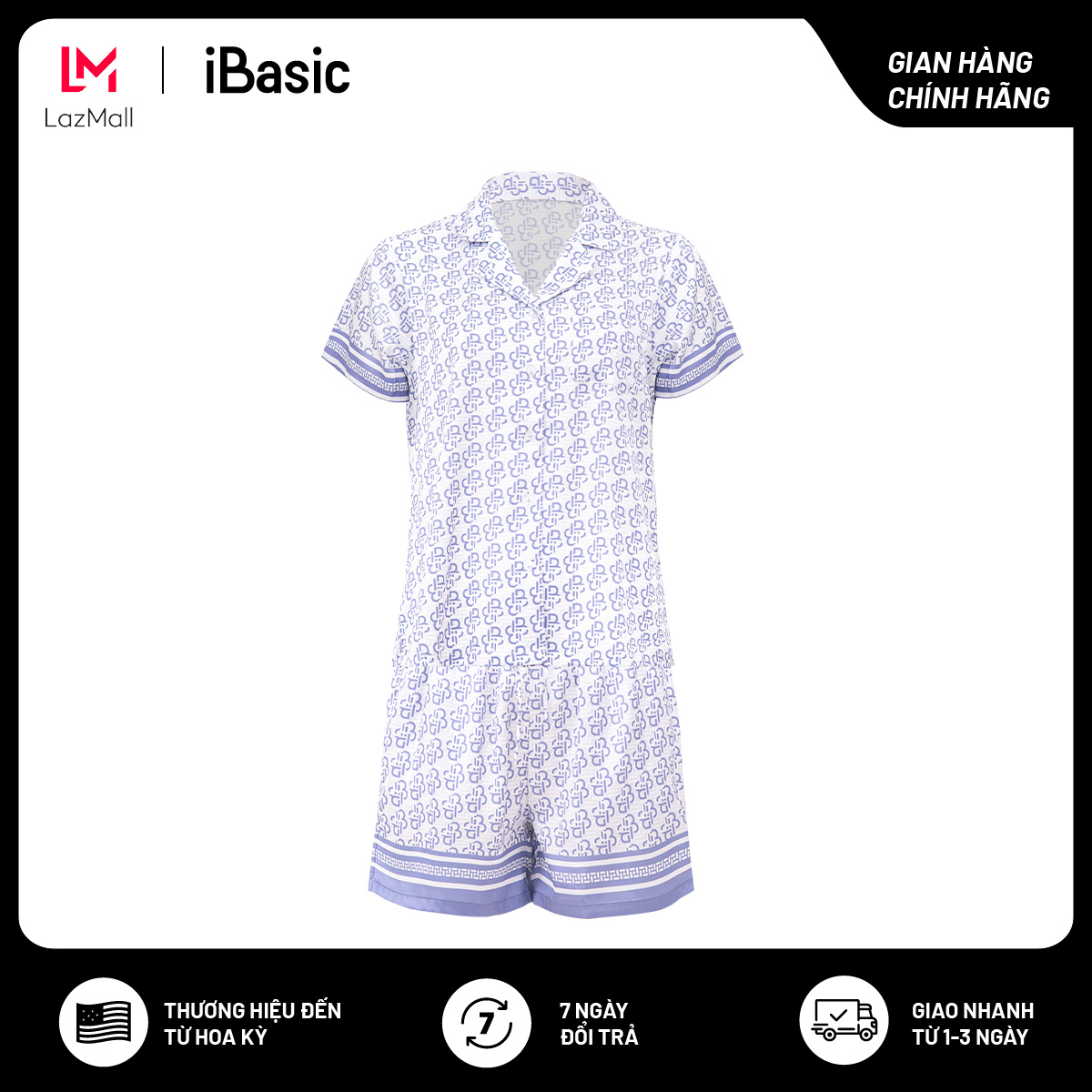 Bộ mặc nhà nữ satin họa tiết IB tay ngắn iBasic HOMW028
