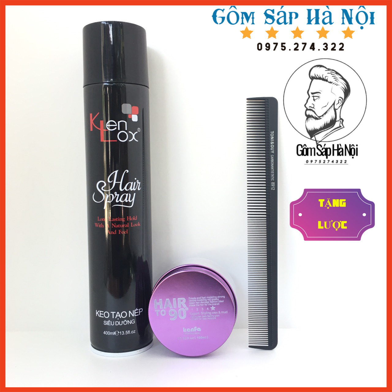 COMBO  Gôm Xịt Tóc Siêu Cứng Kenlox Đen + Sáp Vuốt Tóc Kanfa To 90 - Tặng Lược Toni