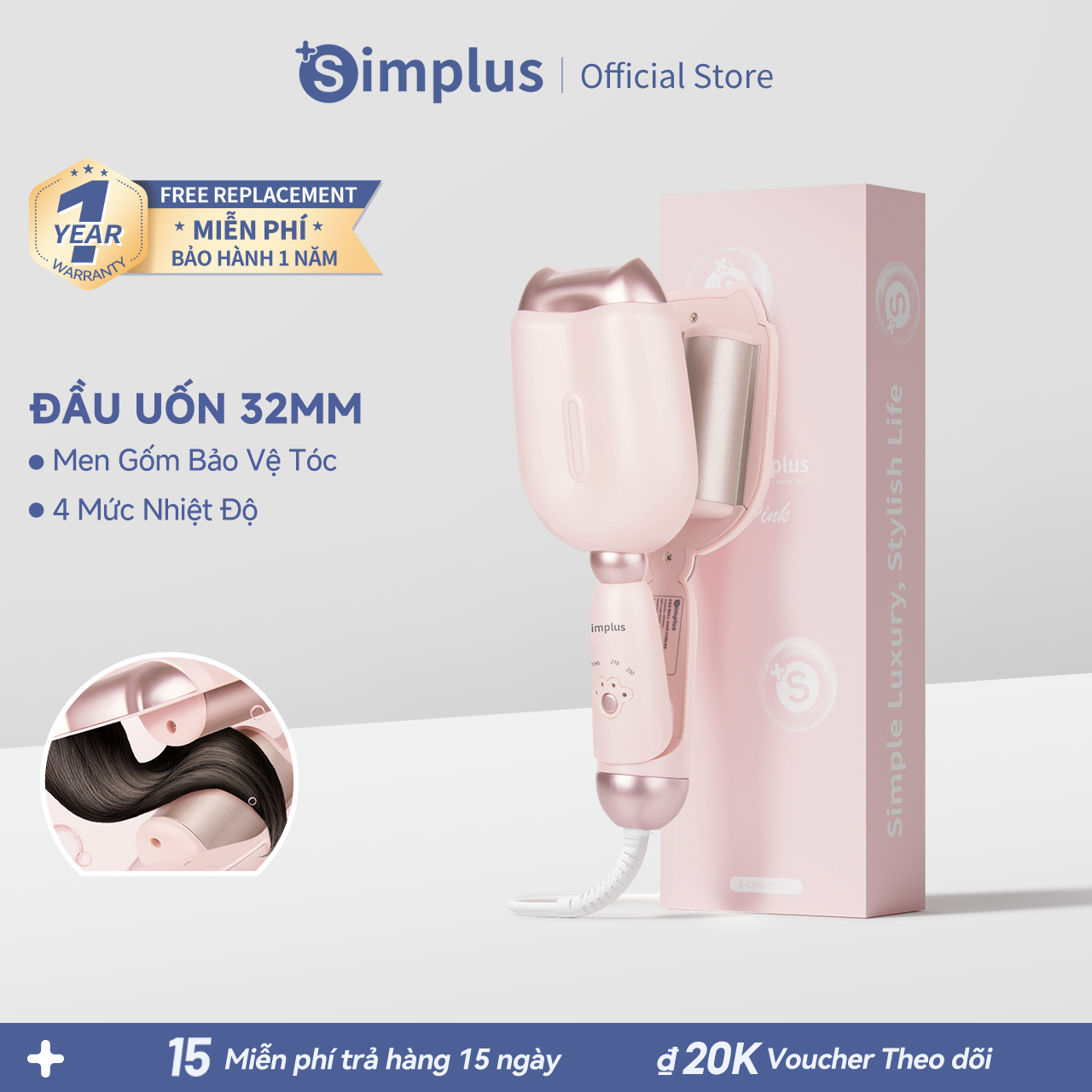  Simplus Máy uốn tóc hình móng vuốt mèo siêu yêu 32mm thanh nẹp gợn tóc sóng nước dập xù cực tự nhiên JFBA006- Bảo hành 1 năm 1 đổi 1 