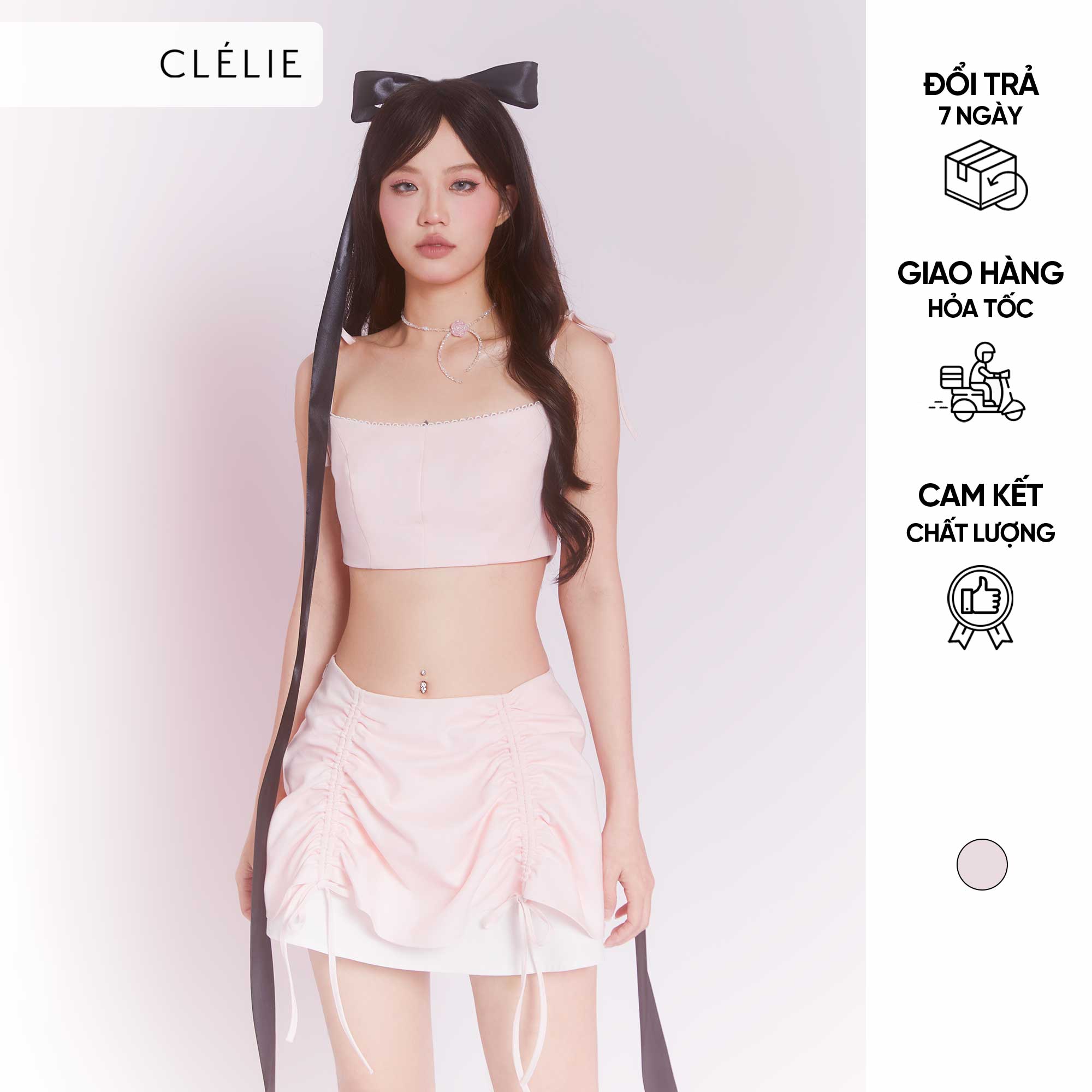 Set áo croptop 2 dây thắt nơ và chân váy rút dây VALERIA SET - CLÉLIE