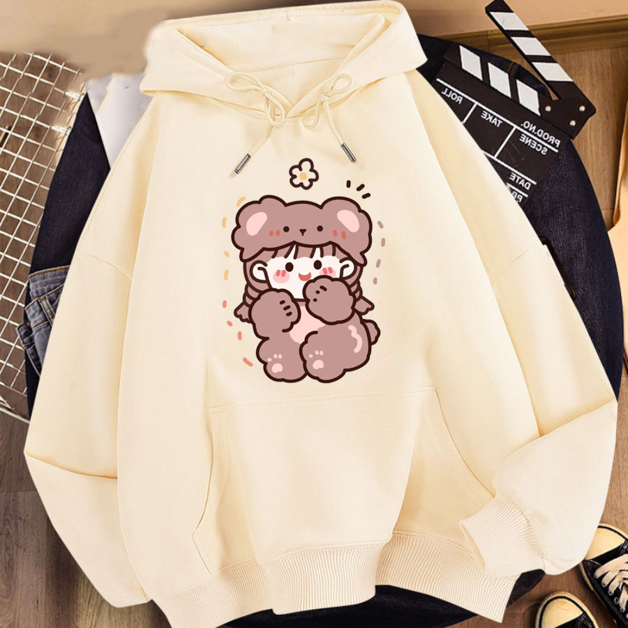 ● Áo Hoodies Unisex Form Rộng Nam Nữ Bo Dệt Tay Gấu Chất Nỉ Bông Cotton Dày Dặn In Hoạt Hình Bé Gấu Hoa