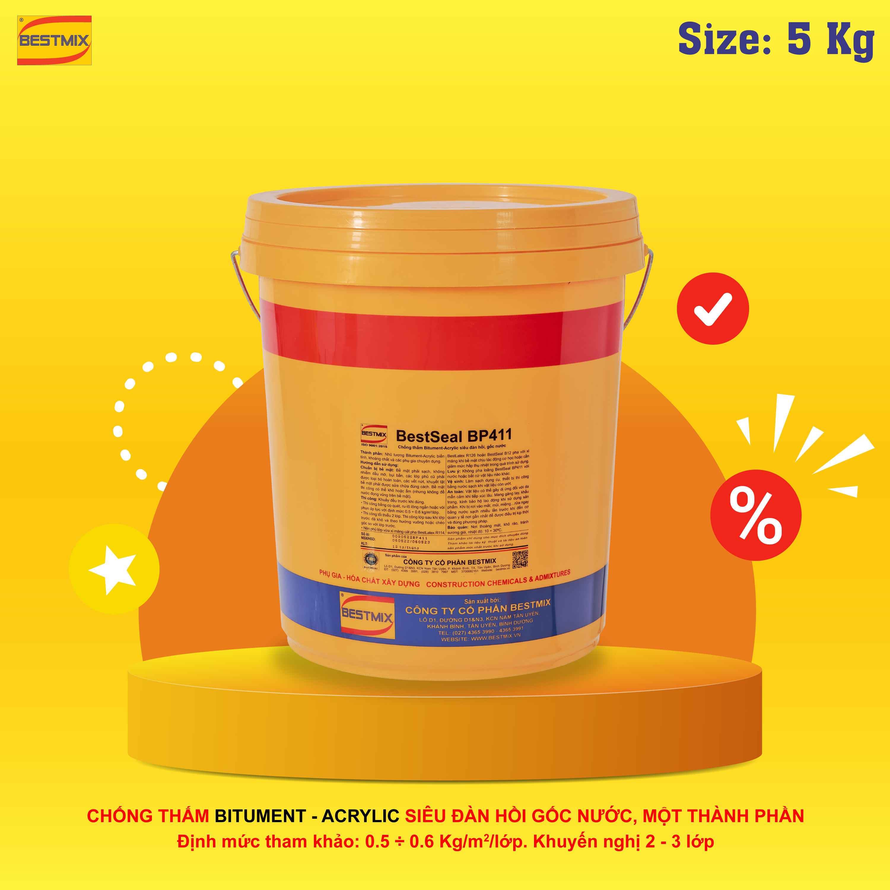 BestSeal BP411 - Màng Chống thấm Bitument - Acrylic siêu đàn hồi, gốc nước dành cho sân thượng, ban công, tầng hầm, bể cá koi hiệu quả bất ngờ - Thùng 4Kg