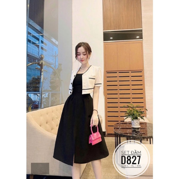 Set đầm kèm áo viền d827