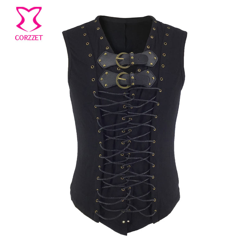 Corzzet Gothic Clothing Black Cotton Men's Sleeveless Vest Jacket Steampunk Man Slim Fit Vintage Waistcoat Outwear Plus Size
