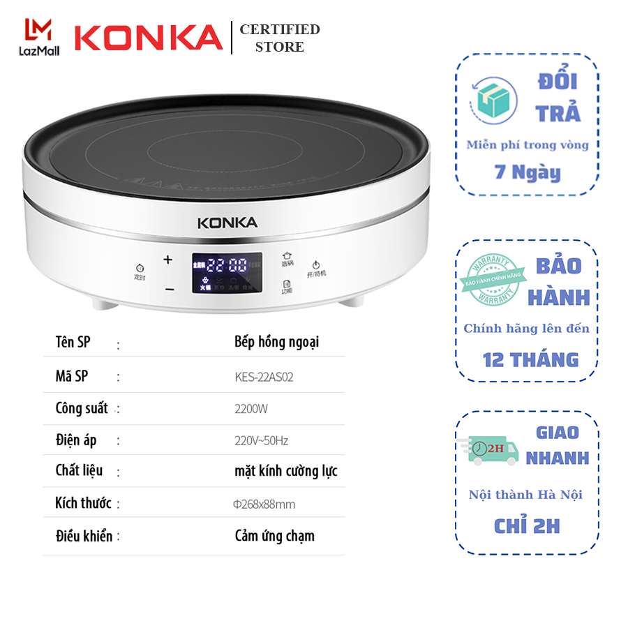 Bếp Hồng Ngoại Cao Cấp Konka KES-22AS02 Thiết Kế Sang Trọng, Mặt Kính Cường Lực CRERAMIC Siêu Chịu Nhiệt, Siêu Bền, Hiệu Suất Cao, Tiết Kiệm Điện, Mặt Điều Khiển Cảm Ứng Điểm Hiện Đại, Công Suất 200-2500W